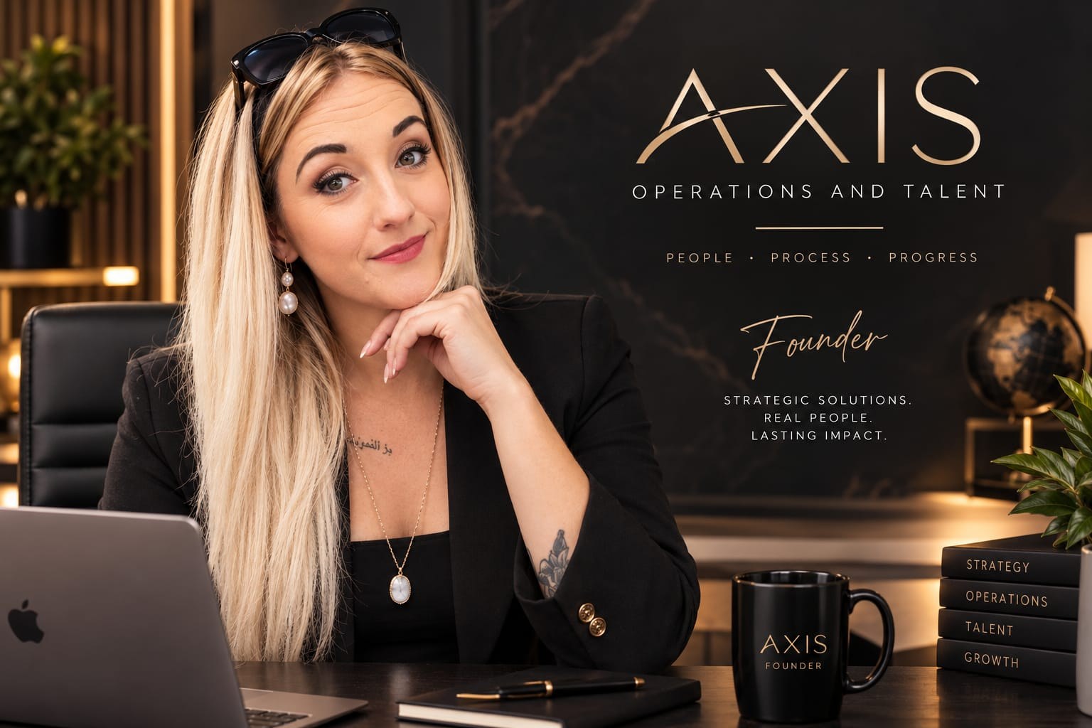 Founder of Axis Operations and Talent at her desk with the Axis logo